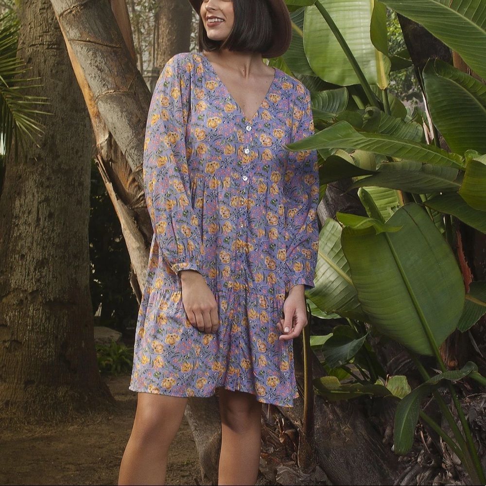 Nrvna Mode Jeanne Purple Floral Mini Shirt Dress Long Sleeve size Small NWT